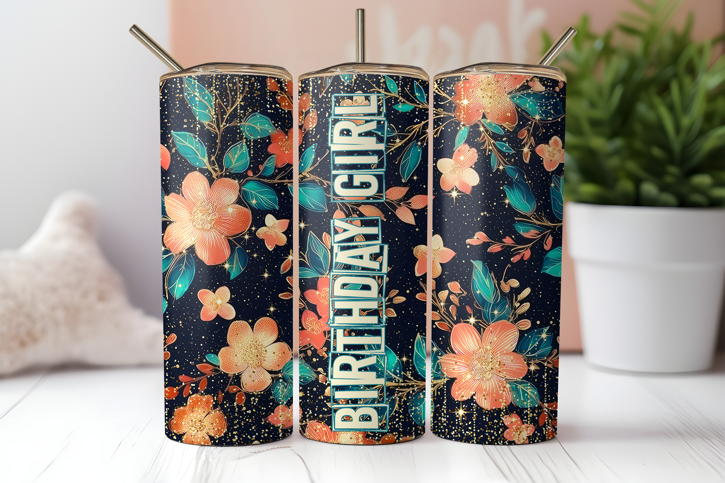 Birthday Girl Black with Peach Flowers 20oz Tumbler
