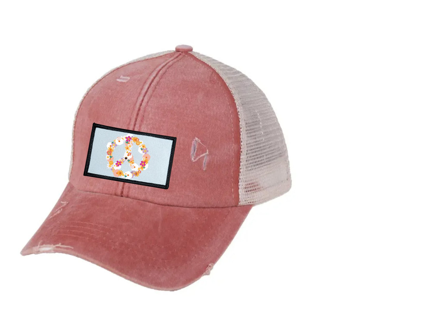 Peace flowers/smiley Ponytail/Messy Bun Hat