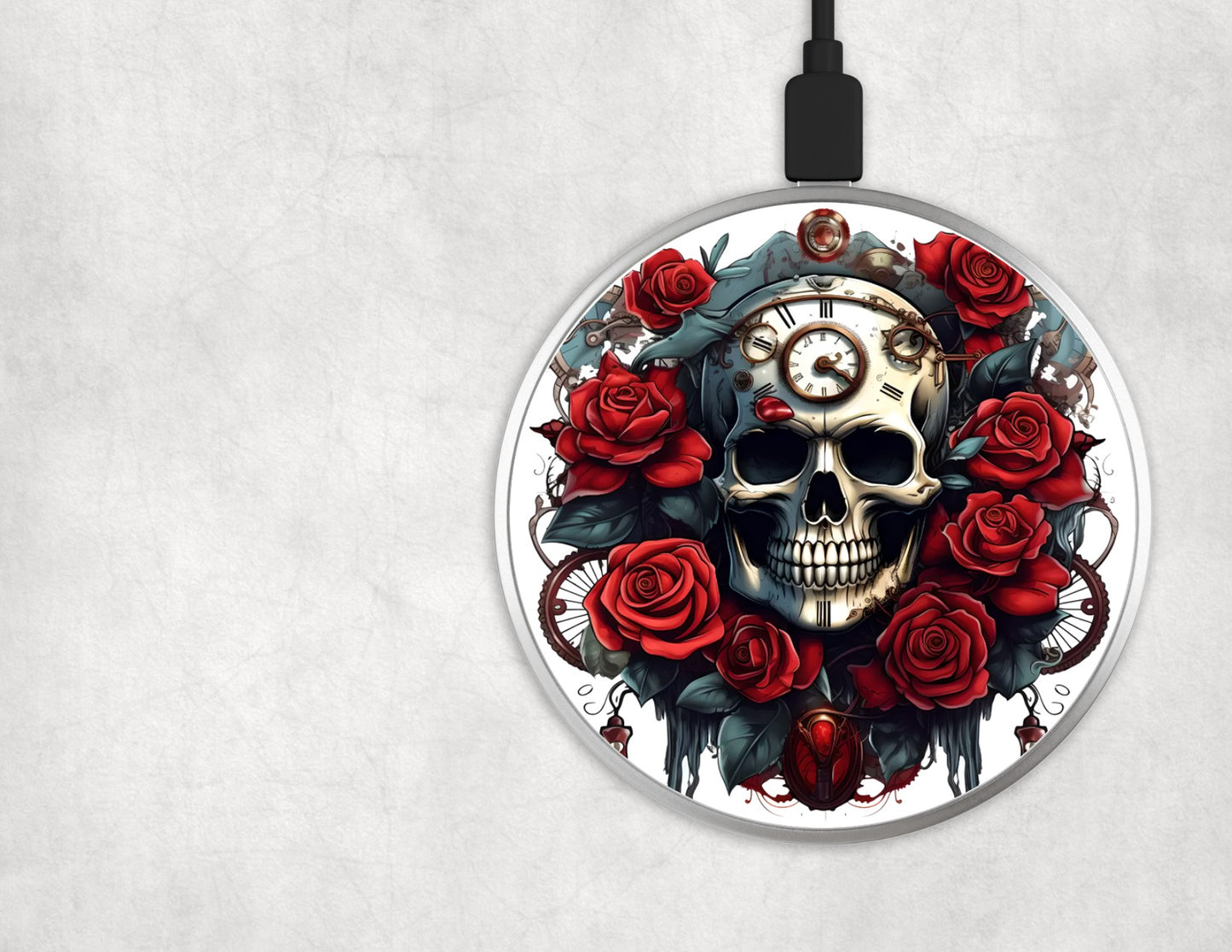 Wireless Charger Black Skull Red Roses