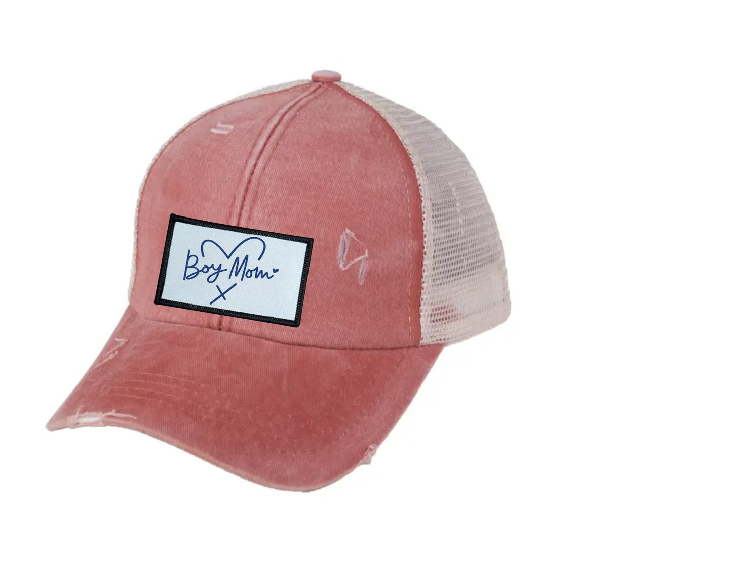 Boy Mom in heart Ponytail/Messy Bun Hat