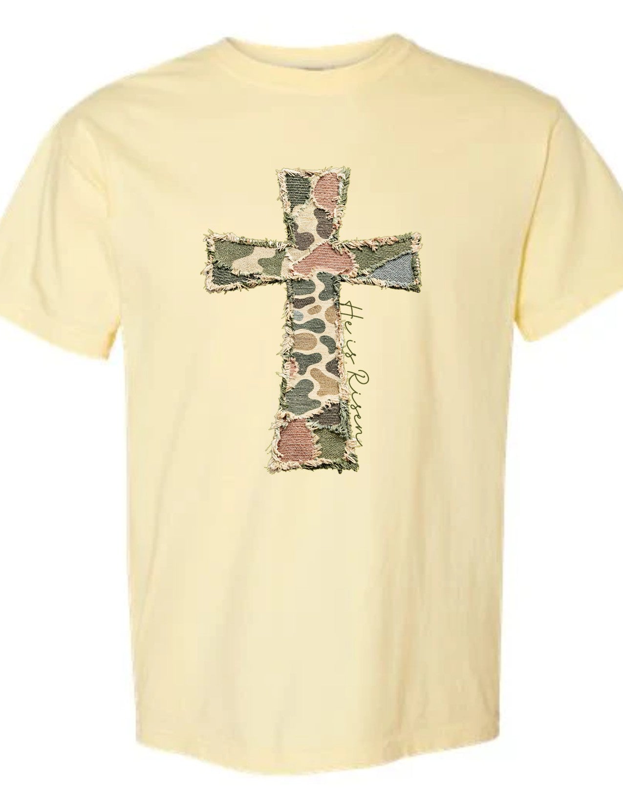 Camo Cross He is Risen (faux patches)