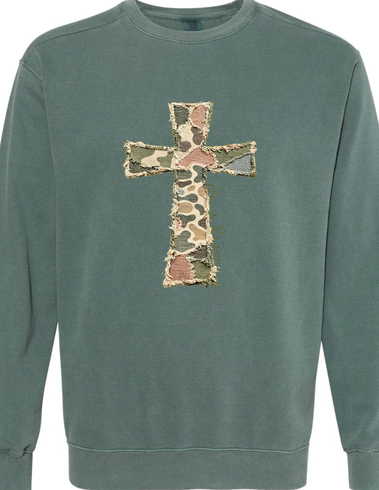 Camo Cross He is Risen (faux patches)