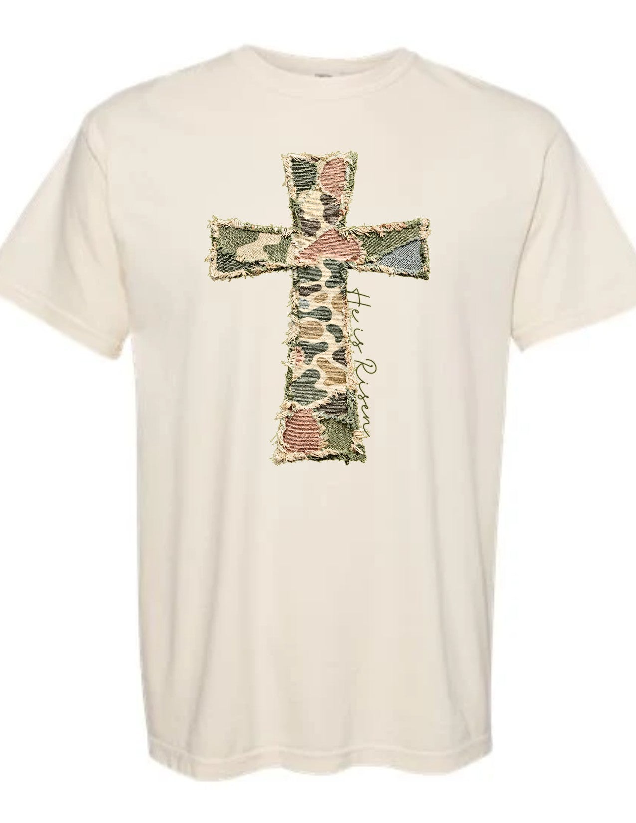 Camo Cross He is Risen (faux patches)