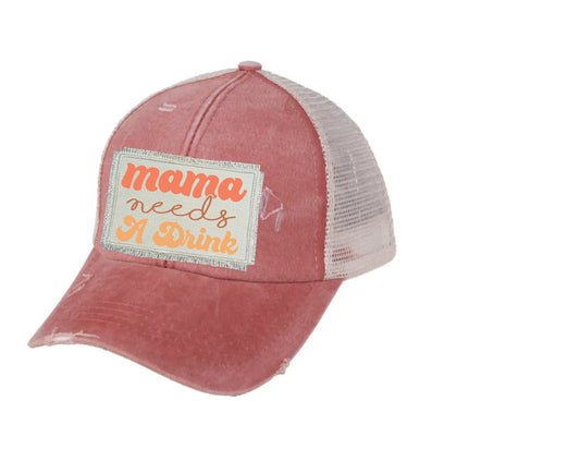 Mama Needs a Drink Retro Ponytail/Messy Bun Hat