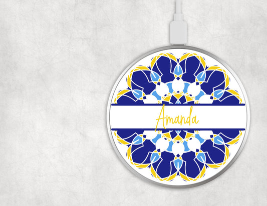 Wireless Charger Blue Yellow Mandala (Personalized)