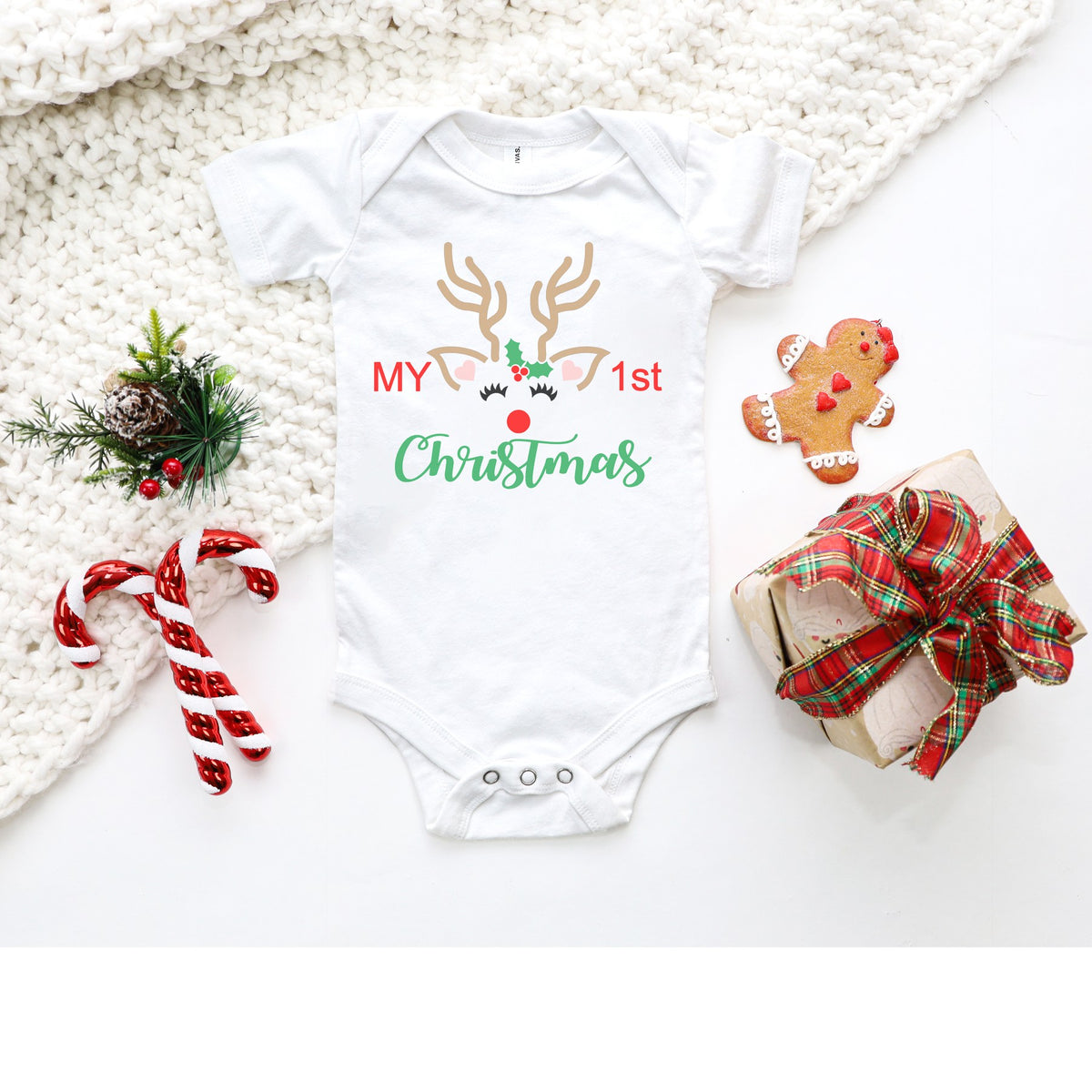 Baby's First Christmas Onesie Girl Reindeer